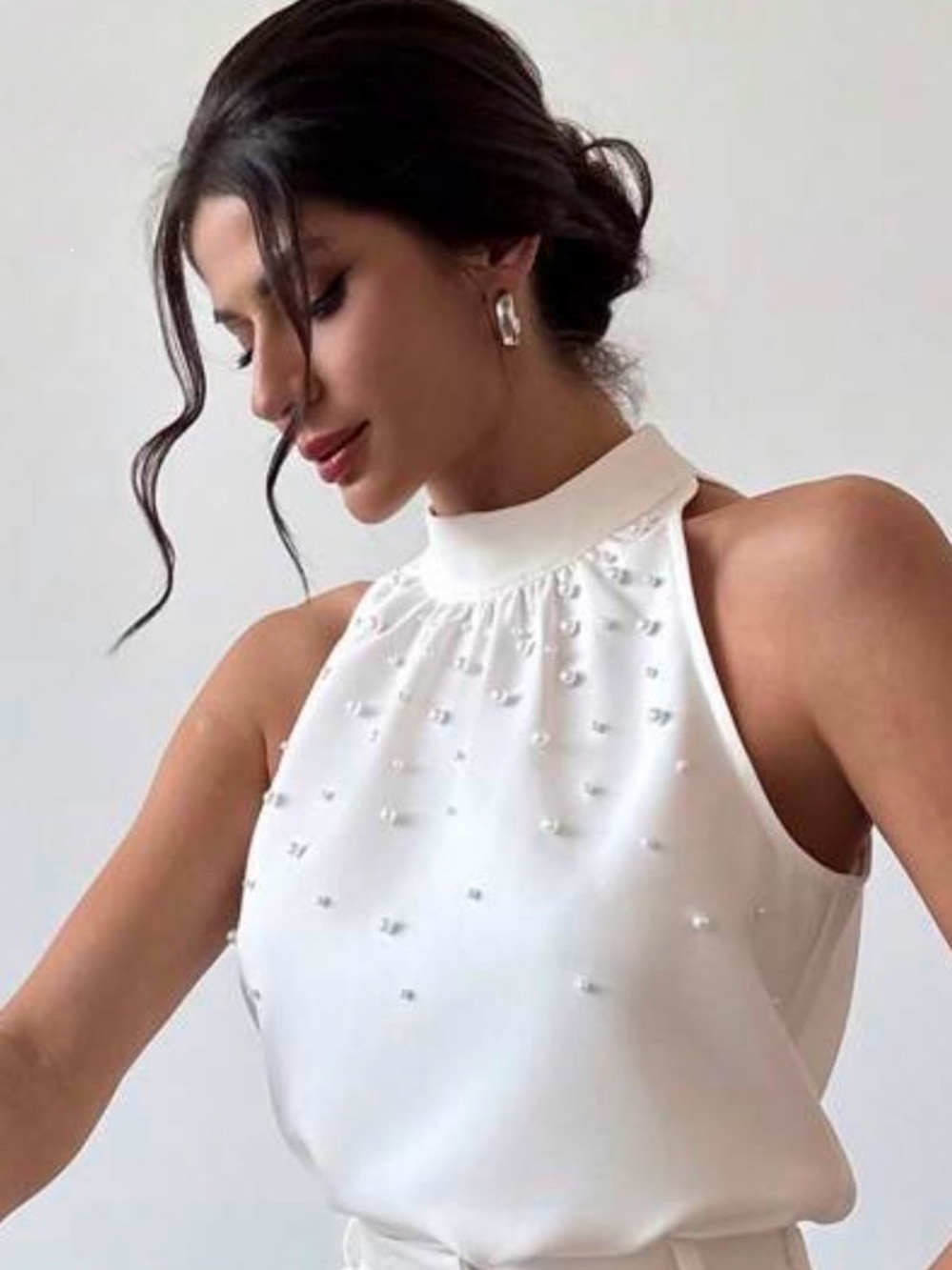 Pearl blouse silky beaded sleeveless shell silk halter top off white cream M NEW